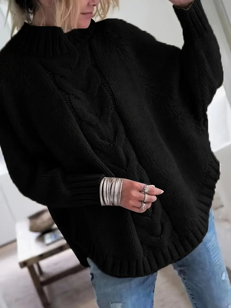Women’s Pullover Sweater – Oversized Fit – Wool Blend – Cable Knit – Turtleneck