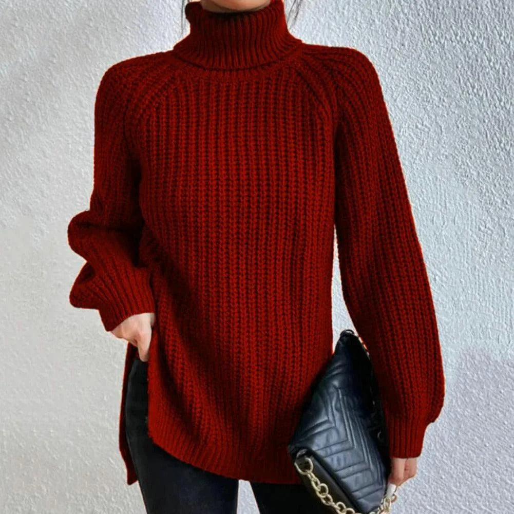 Women’s Pullover Sweater – Oversized Longline Fit – Chunky Wool Knit – Turtleneck Ribbed Design