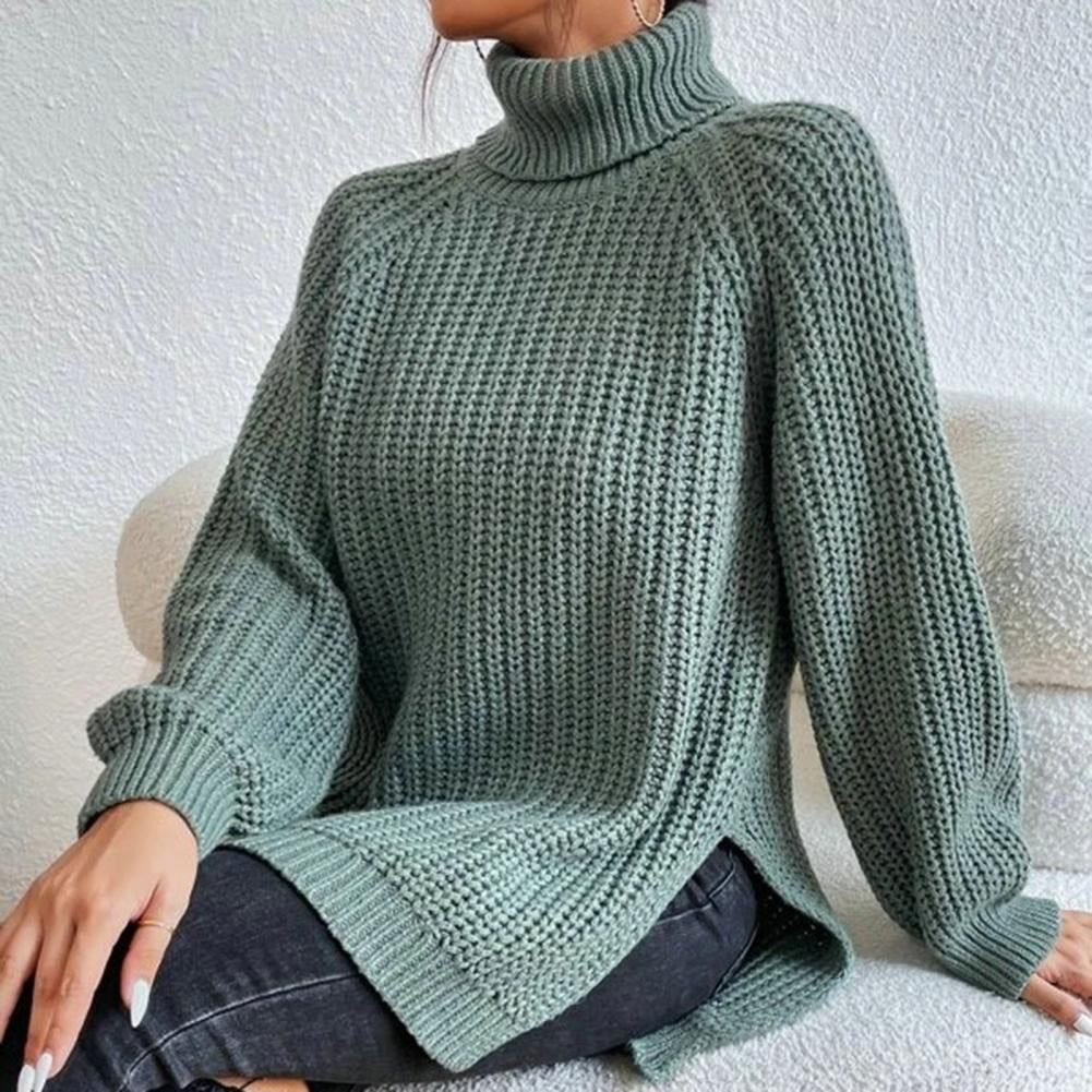 Women’s Pullover Sweater – Oversized Longline Fit – Chunky Wool Knit – Turtleneck Ribbed Design
