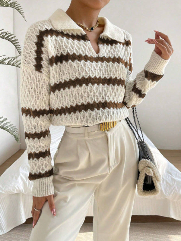 Women’s Pullover Sweater – Relaxed Fit – Polo Collar – Chunky Knit Striped Design