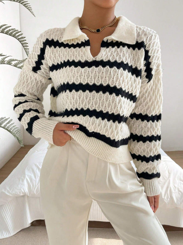 Women’s Pullover Sweater – Relaxed Fit – Polo Collar – Chunky Knit Striped Design