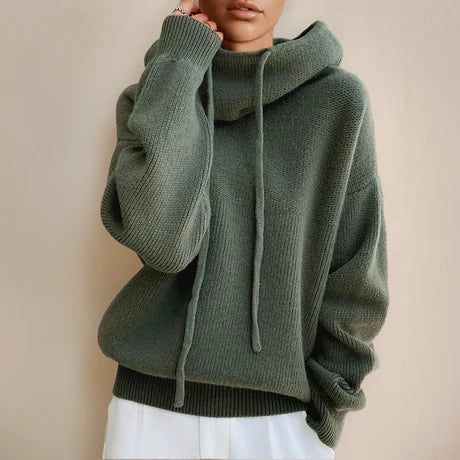 Women’s Pullover Sweater – Relaxed Fit – Wool Feel – Cowl Neck with Drawstrings – Ribbed Trim