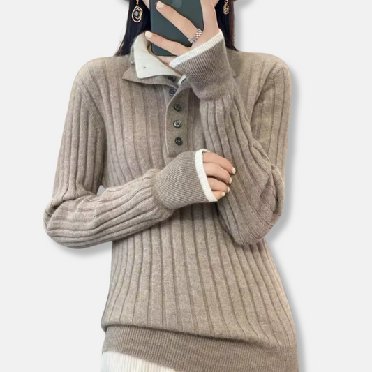 Women’s Pullover Sweater – Ribbed Knit – Shirt Collar – Button Placket – Relaxed Fit