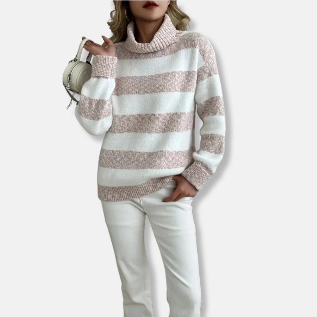 Women’s Pullover Sweatshirt – Loose Fit – Plush Knit – Ribbed Turtleneck – Striped Texture