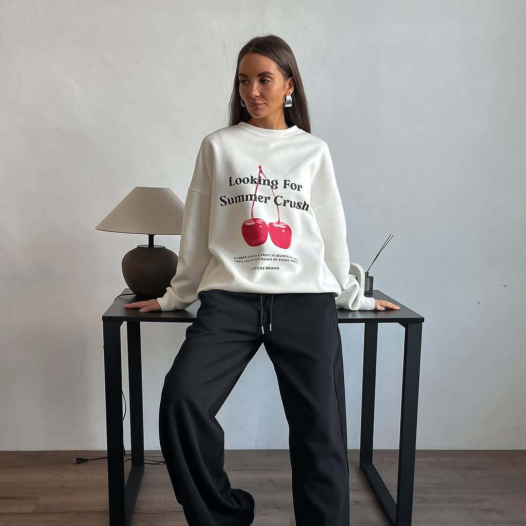 Women’s Pullover Sweatshirt – Oversized Fit – Cotton Feel – Graphic Cherry Print – Crew Neck – Long Sleeve