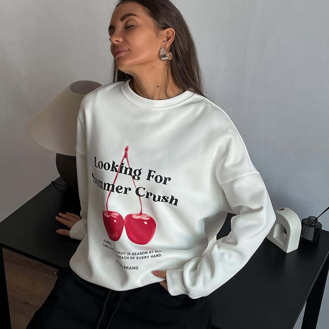 Women’s Pullover Sweatshirt – Oversized Fit – Cotton Feel – Graphic Cherry Print – Crew Neck – Long Sleeve
