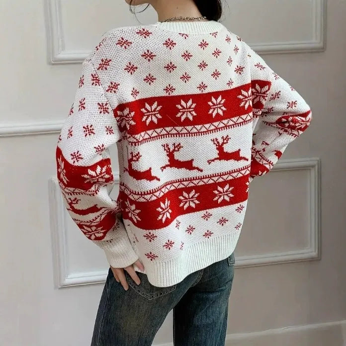 Women’s Pullover Sweatshirt – Relaxed Fit – Knitted Jacquard – Ribbed Crew Neck