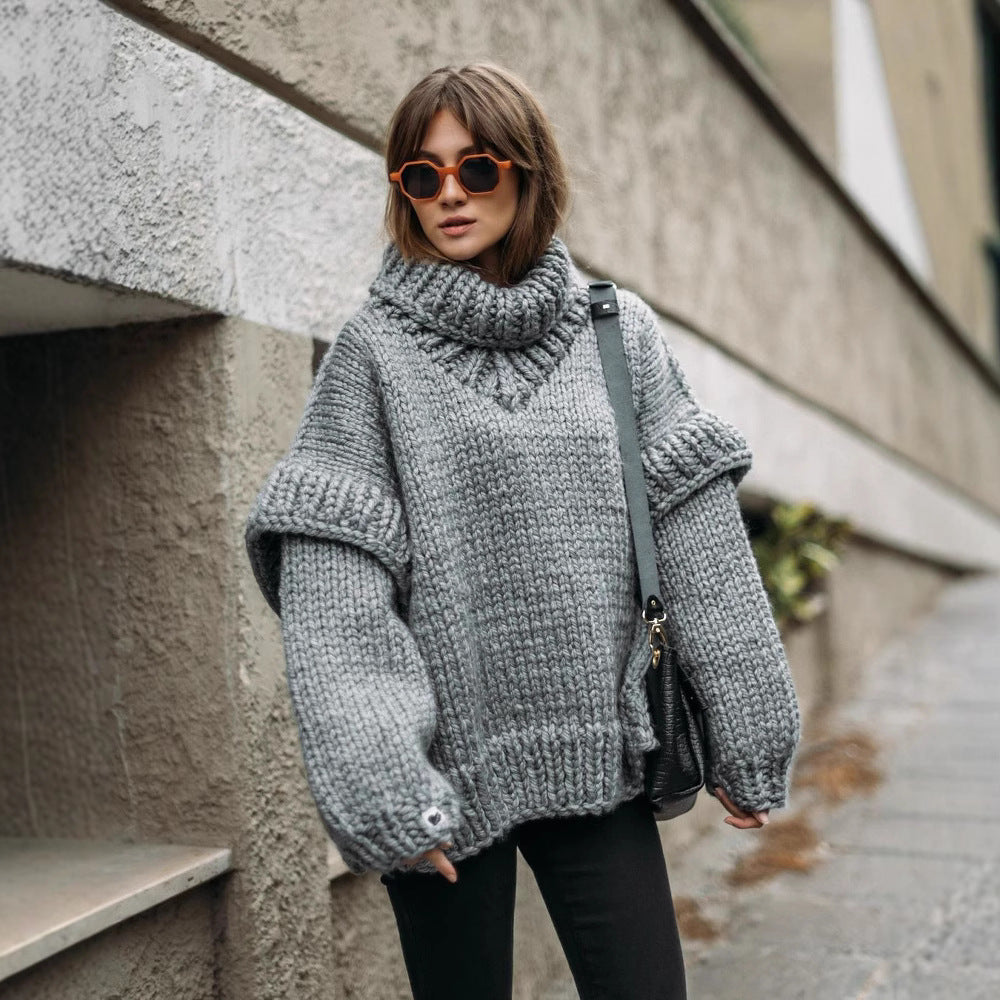 Women’s Pullover Sweatshirt – Wool Chunky Knit – Oversized Fit – Turtleneck – Ribbed Cuffs