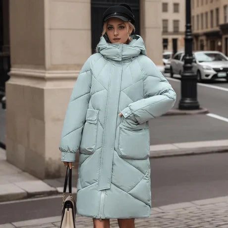 Women’s Quilted Coat – Oversized Fit – Padded Mid-Length – Hooded High Collar