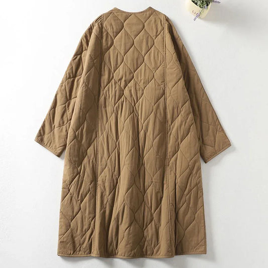 Women’s Quilted Coat – Oversized Relaxed Fit – Longline – V-Neck – Patch Pockets