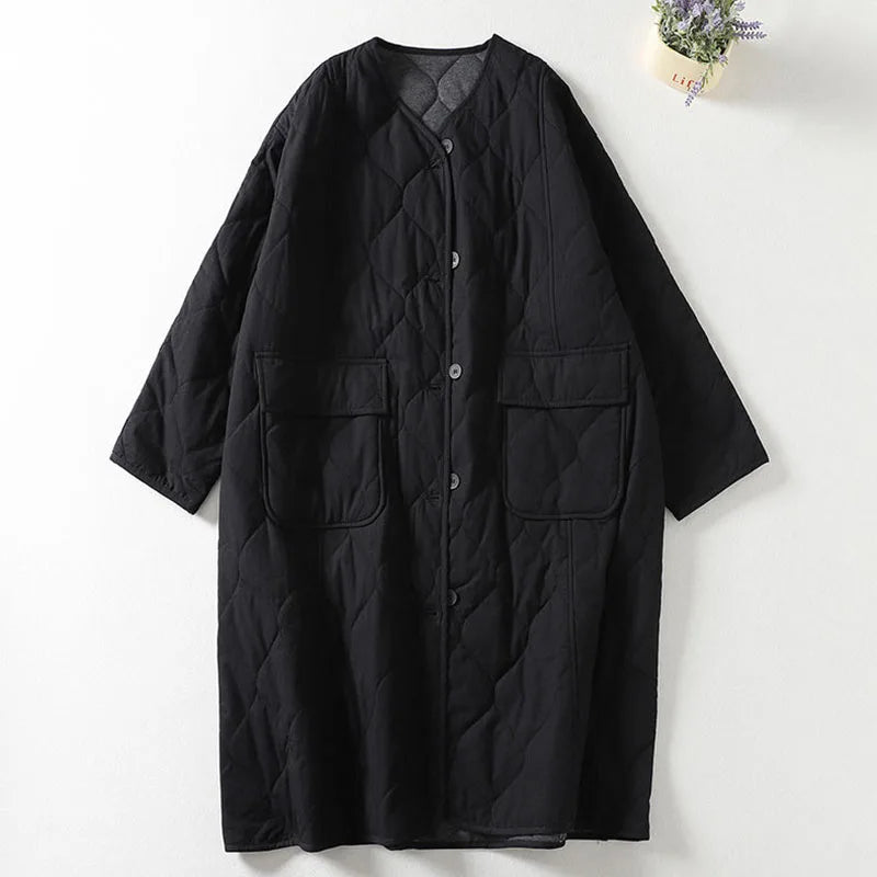 Women’s Quilted Coat – Oversized Relaxed Fit – Longline – V-Neck – Patch Pockets