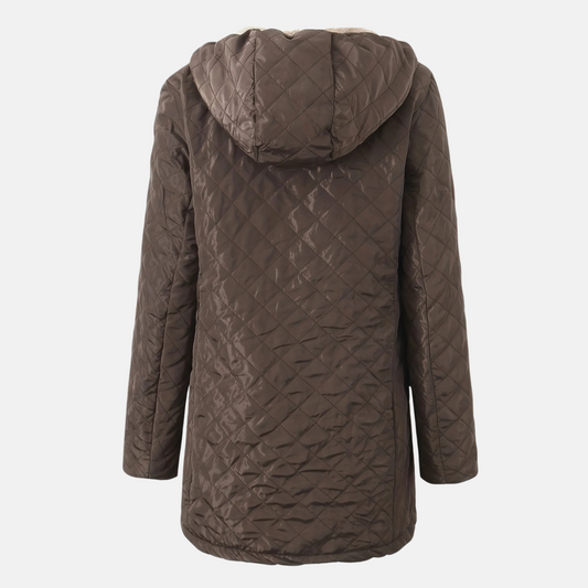 Women’s Quilted Hooded Jacket – Relaxed Fit – Plush Lined – Mid-Thigh Length – Zip Front