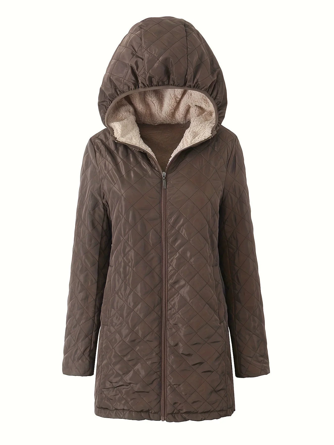 Women’s Quilted Hooded Jacket – Relaxed Fit – Plush Lined – Mid-Thigh Length – Zip Front