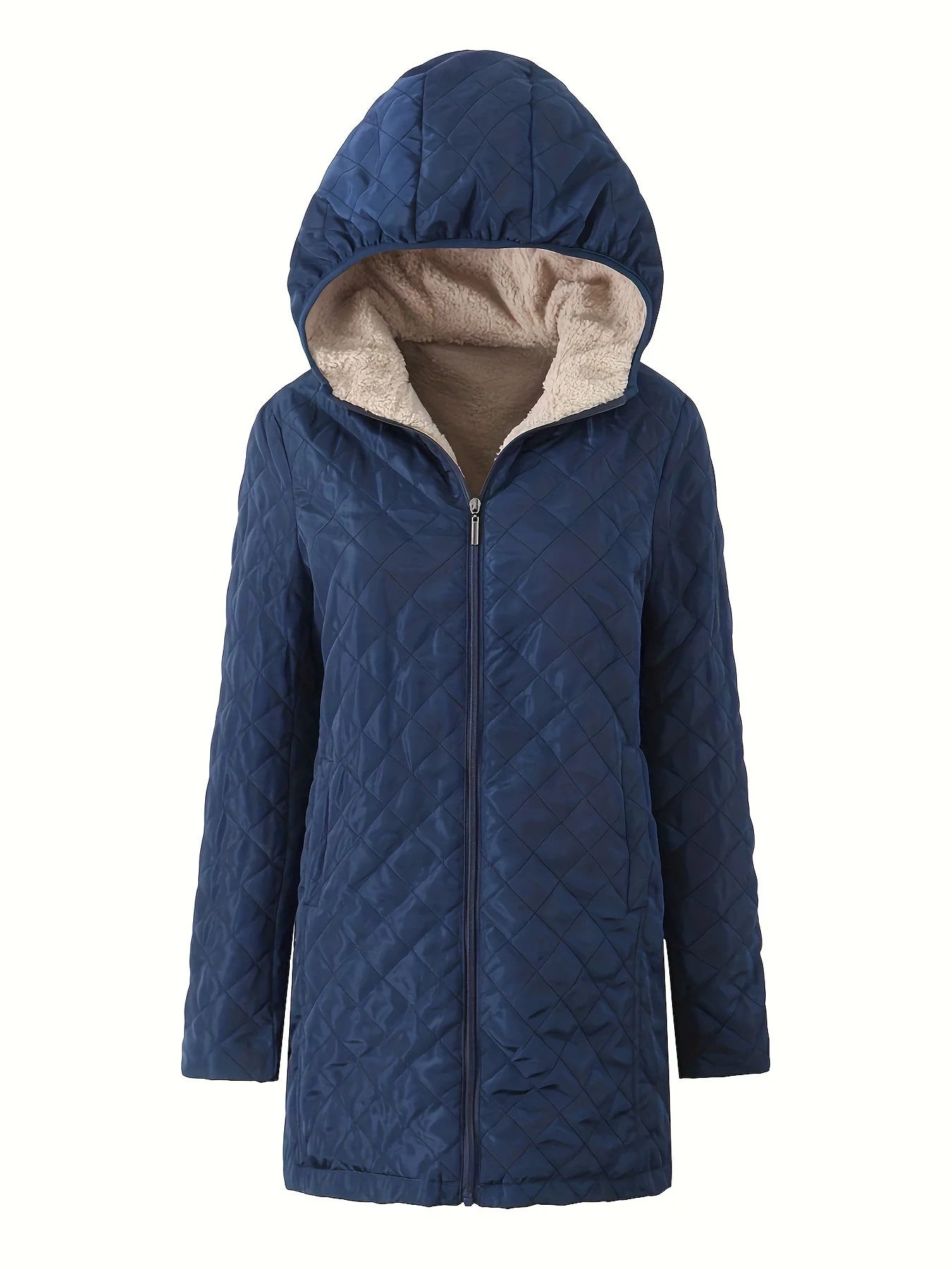 Women’s Quilted Hooded Jacket – Relaxed Fit – Plush Lined – Mid-Thigh Length – Zip Front
