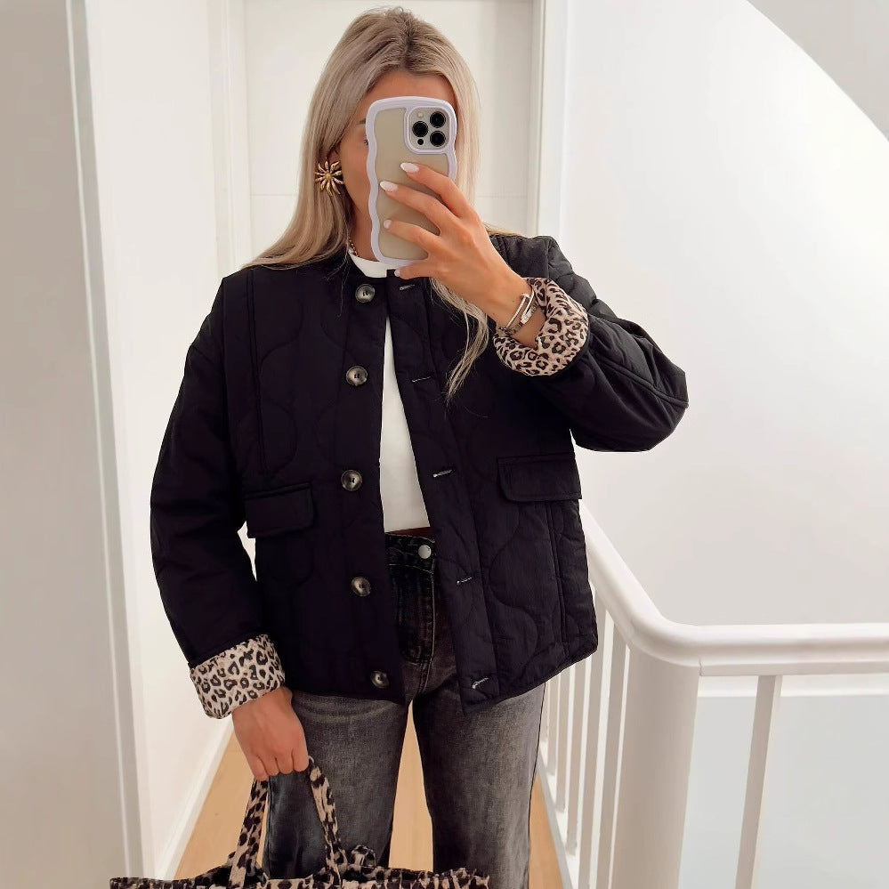 Women’s Quilted Jacket - Button Front - Leopard Cuffs - Casual Chic