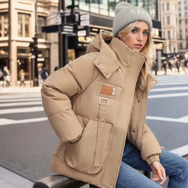 Women’s Quilted Jacket – Oversized Fit – Detachable Hood – Mid-Thigh Length – Patch Pockets