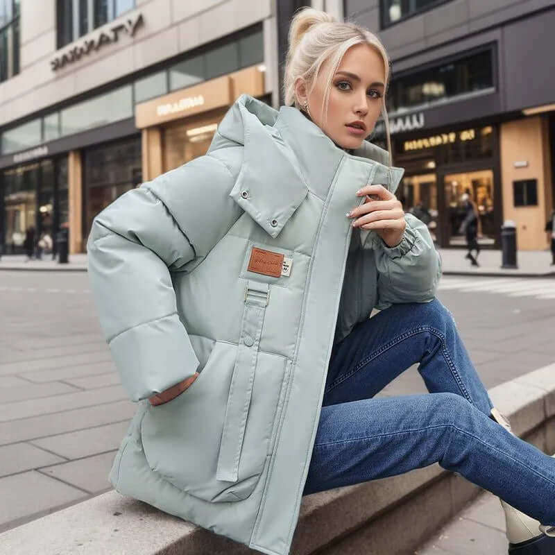 Women’s Quilted Jacket – Oversized Fit – Detachable Hood – Mid-Thigh Length – Patch Pockets