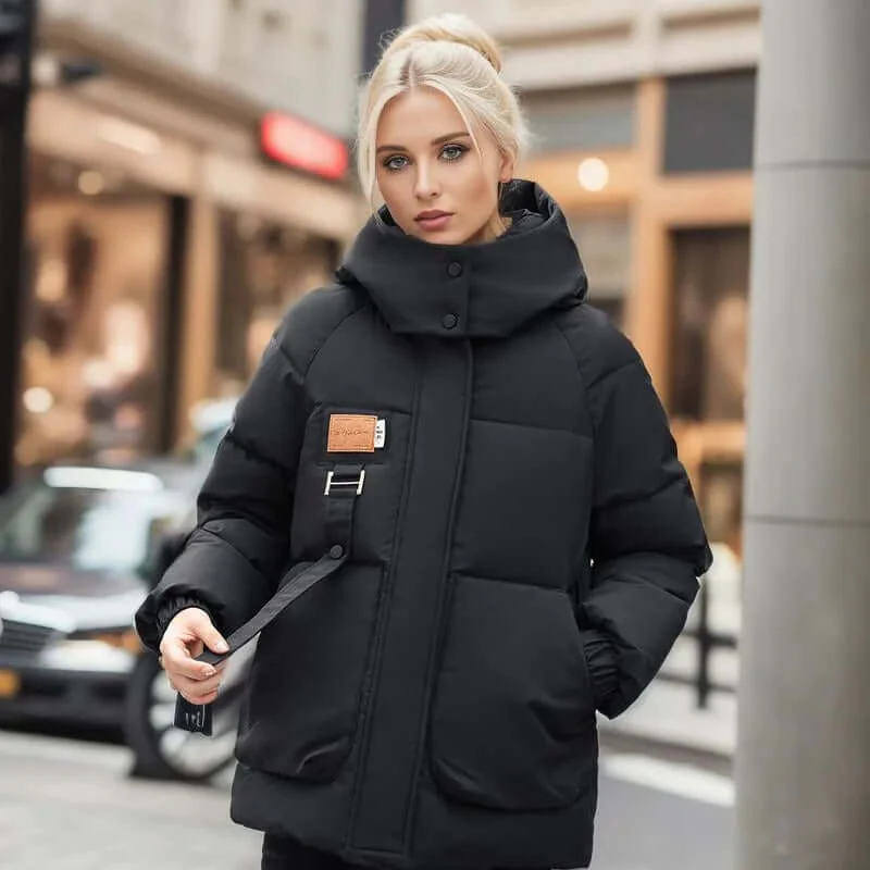 Women’s Quilted Jacket – Oversized Fit – Detachable Hood – Mid-Thigh Length – Patch Pockets