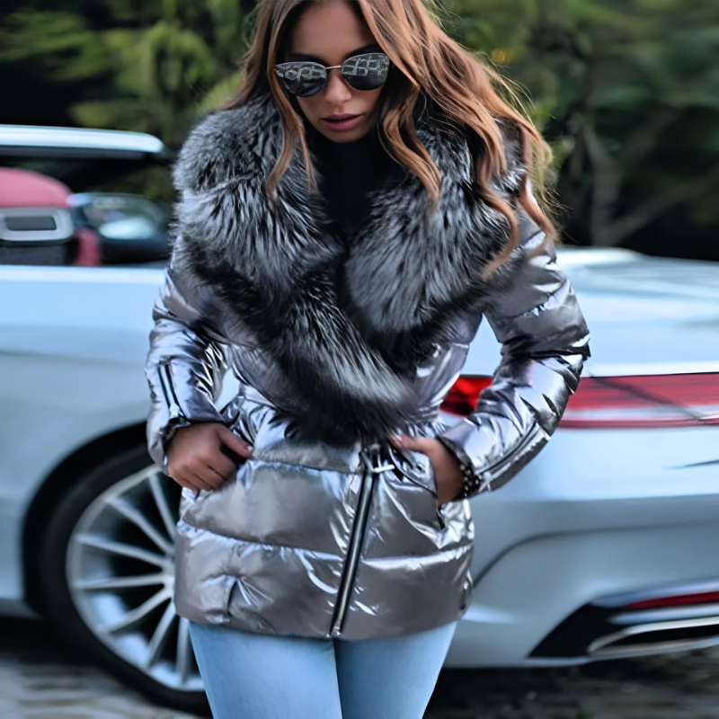 Women’s Quilted Jacket – Padded – Oversized Faux Fur Collar – Belted Waist – Zip Front