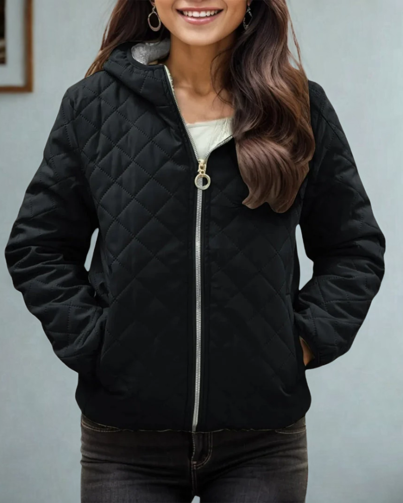 Women’s Quilted Jacket – Relaxed Fit – Diamond Stitch – Hooded – Elastic Cuffs & Hem