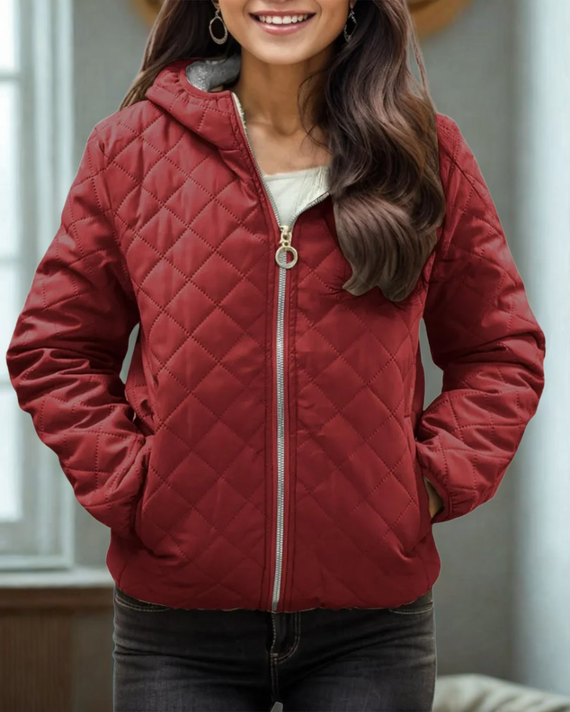 Women’s Quilted Jacket – Relaxed Fit – Diamond Stitch – Hooded – Elastic Cuffs & Hem