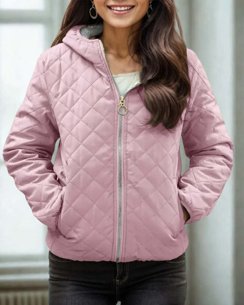 Women’s Quilted Jacket – Relaxed Fit – Diamond Stitch – Hooded – Elastic Cuffs & Hem