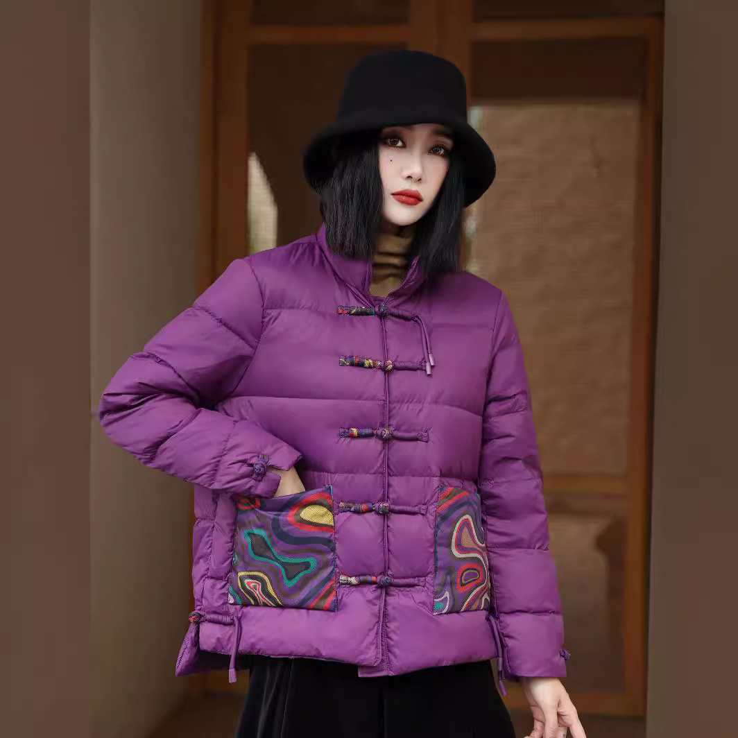 Women’s Quilted Puffer Jacket – Loose Fit – High Collar – Frog Closures – Patterned Pockets