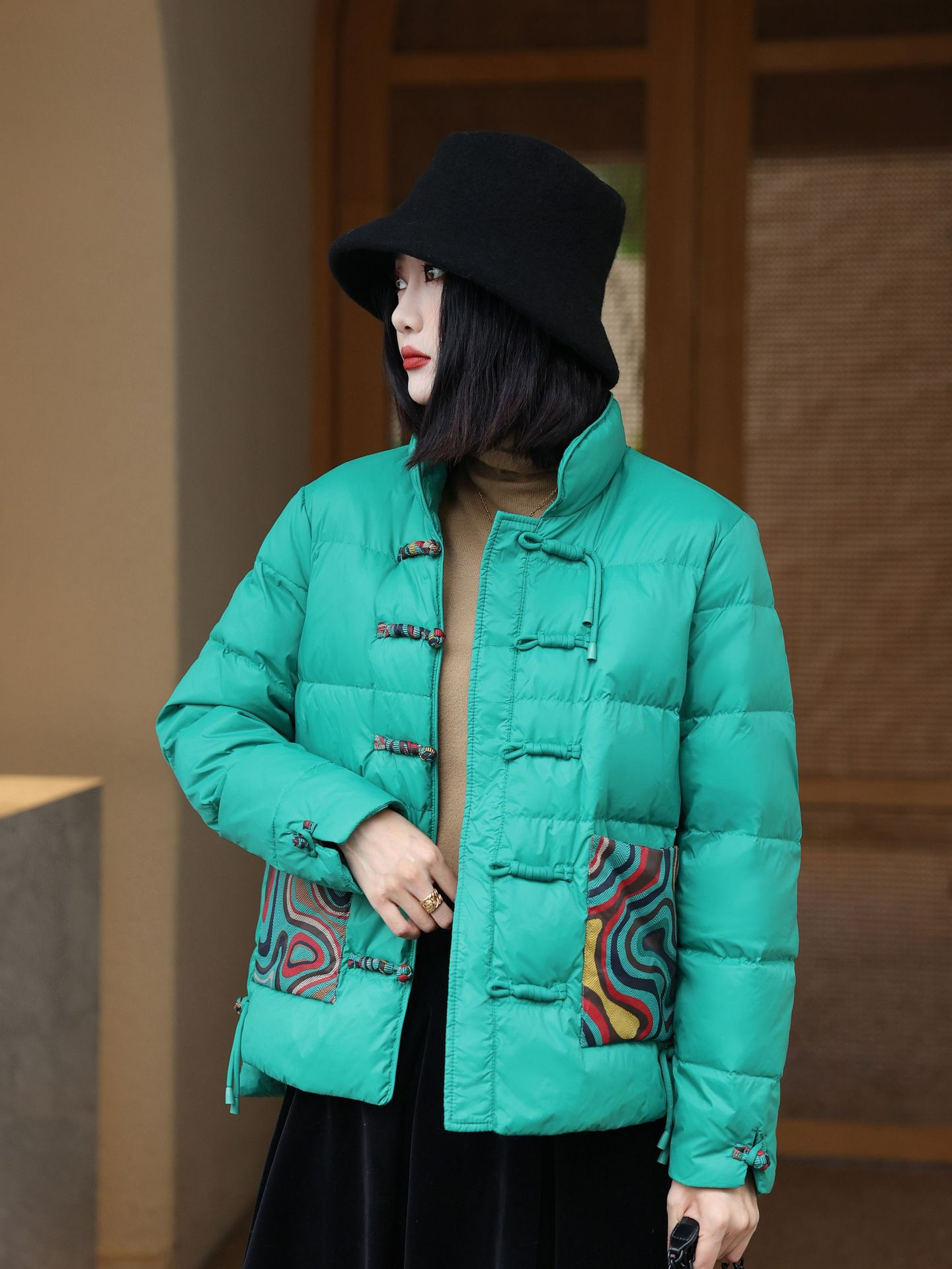 Women’s Quilted Puffer Jacket – Loose Fit – High Collar – Frog Closures – Patterned Pockets