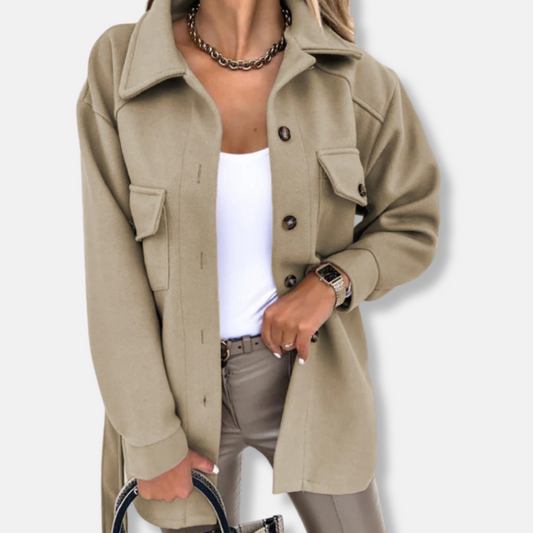 Women’s Shacket Jacket – Oversized Relaxed Fit – Wool Feel – Longline with Chest Pockets