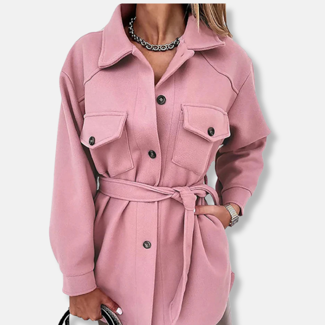 Women’s Shacket Jacket – Oversized Relaxed Fit – Wool Feel – Longline with Chest Pockets