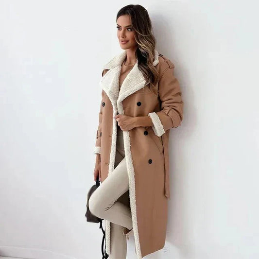 Women’s Shearling Leather Coat – Relaxed Fit – Double Breasted – Belted Sleeve – Long Length
