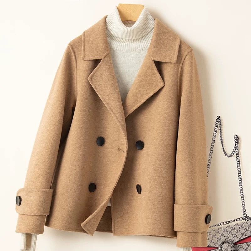 Women’s Short Coat – Tailored Fit – Wool Blend – Double-Breasted – Notched Lapel