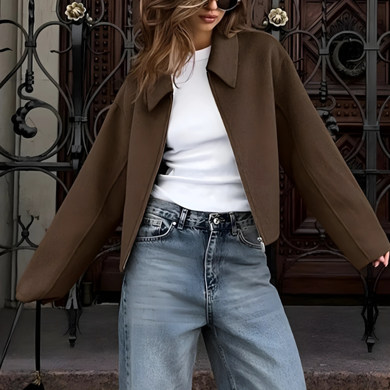 Women’s Short Jacket – Wool Blend – Relaxed Boxy Fit – Lapel Collar – Zip Front