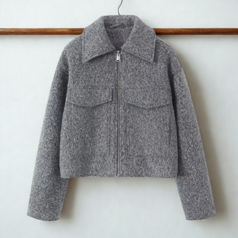 Women’s Short Jacket – Wool Blend – Relaxed Boxy Fit – Lapel Collar – Zip Front