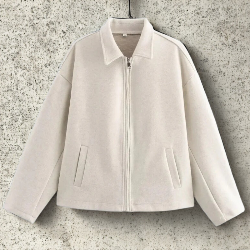 Women’s Short Jacket – Wool Blend – Relaxed Boxy Fit – Lapel Collar – Zip Front