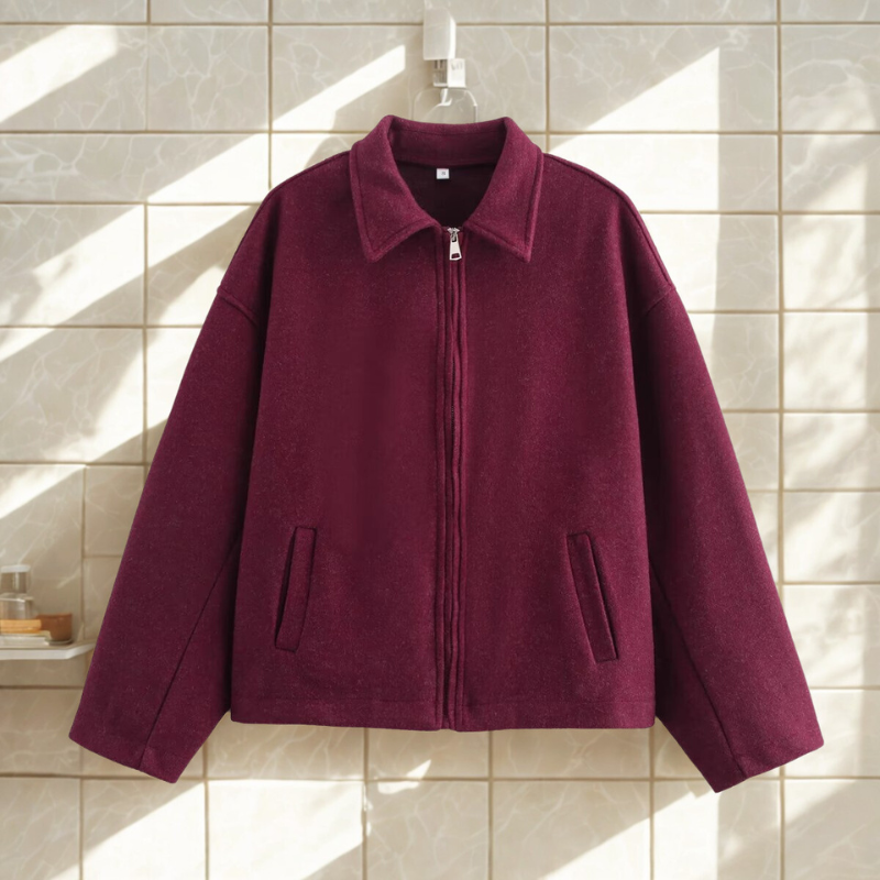 Women’s Short Jacket – Wool Blend – Relaxed Boxy Fit – Lapel Collar – Zip Front