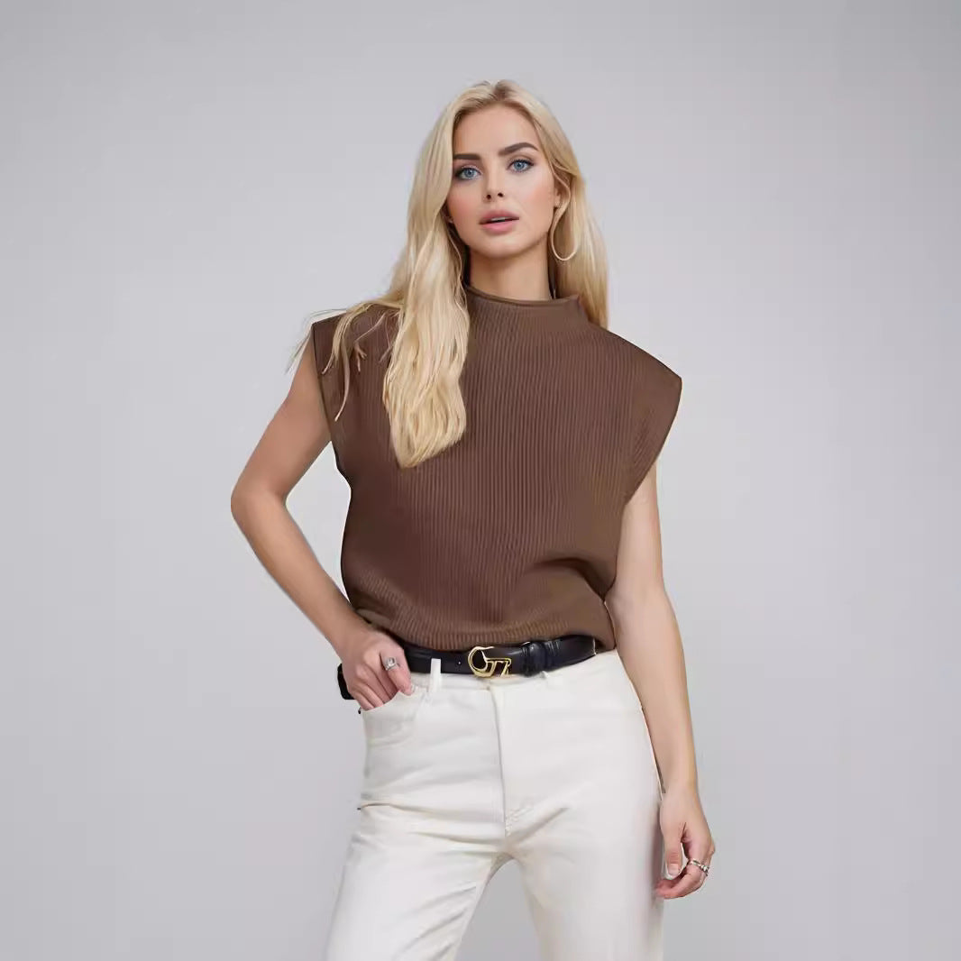 Women’s Sleeveless Turtleneck Sweater – Wool Blend Knit – Relaxed Fit – Ribbed Design