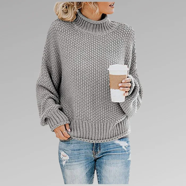 Women’s Sweater – Relaxed Fit – Chunky Knit – High Ribbed Collar – Dropped Shoulders