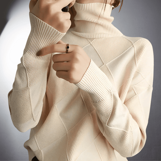 Women’s Sweater – Relaxed Fit – High Turtleneck – Geometric Knit – Ribbed Trim