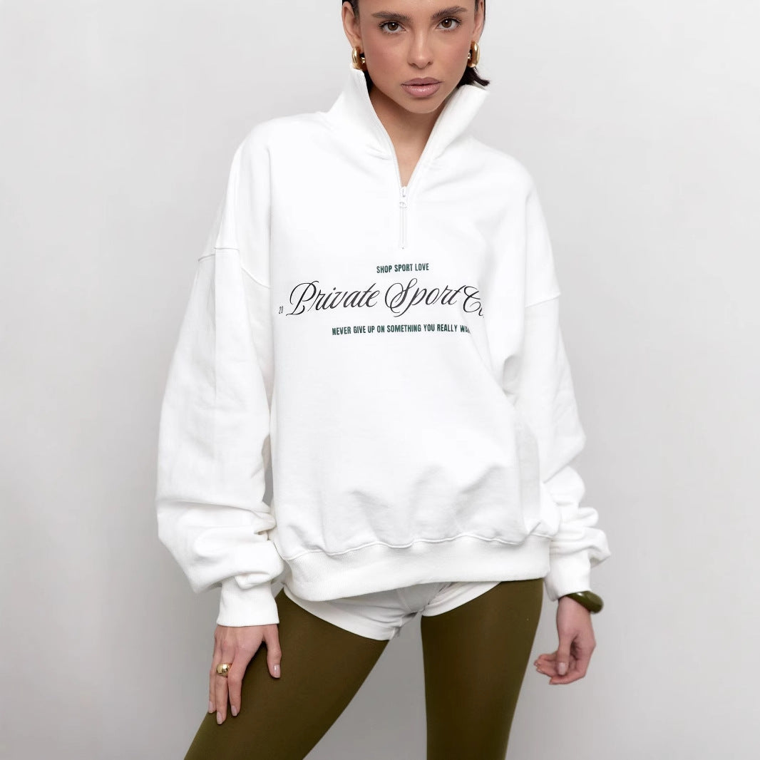 Women’s Sweatshirt – Oversized Fit – Half Zip – Letter Print – Cotton Blend – Casual