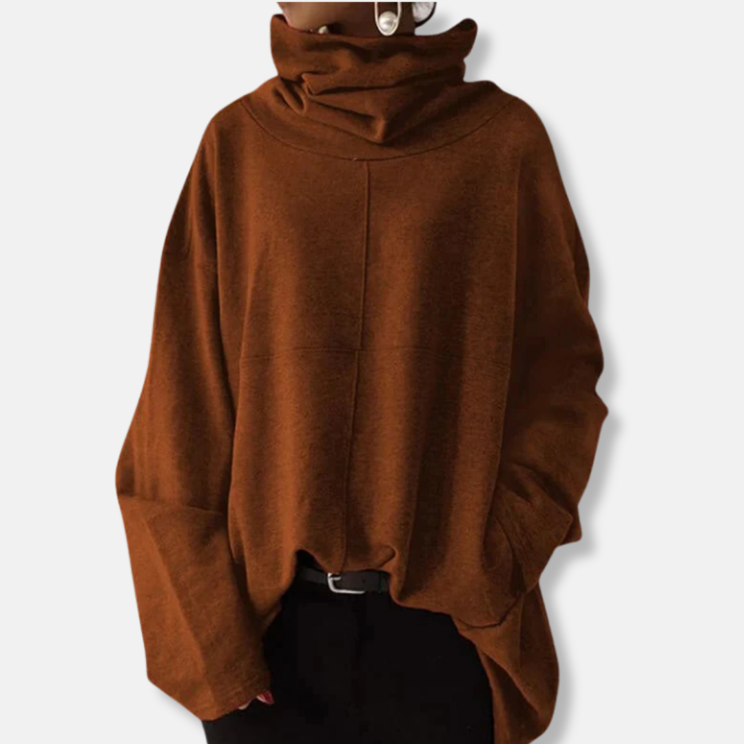 Women’s Sweatshirt – Oversized Relaxed Fit – High Cowl Neck – Flared Sleeves – Hip Length