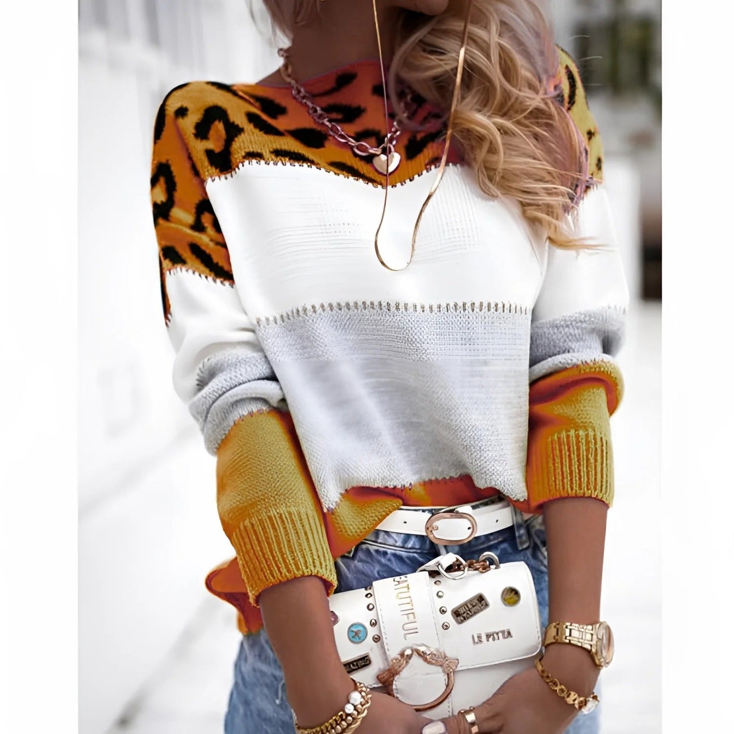 Women’s Sweatshirt – Relaxed Fit – Knitted – Animal Print – Colorblock – Long Sleeve