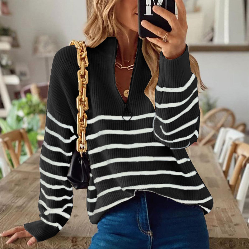 Women’s Sweatshirt – Relaxed Fit – Ribbed Knit – Half Zip with Ring Pull – Striped