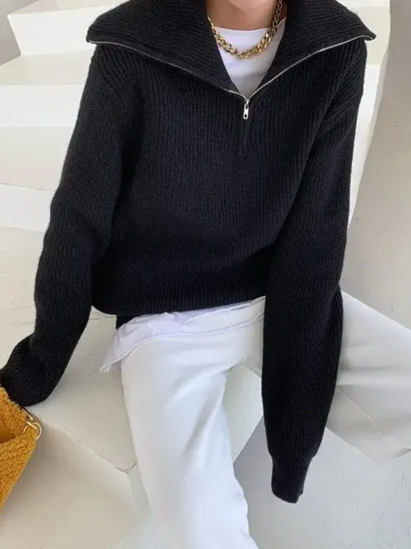 Women’s Sweatshirt – Wool – Relaxed Fit – High Zip Collar – Ribbed Knit Trim