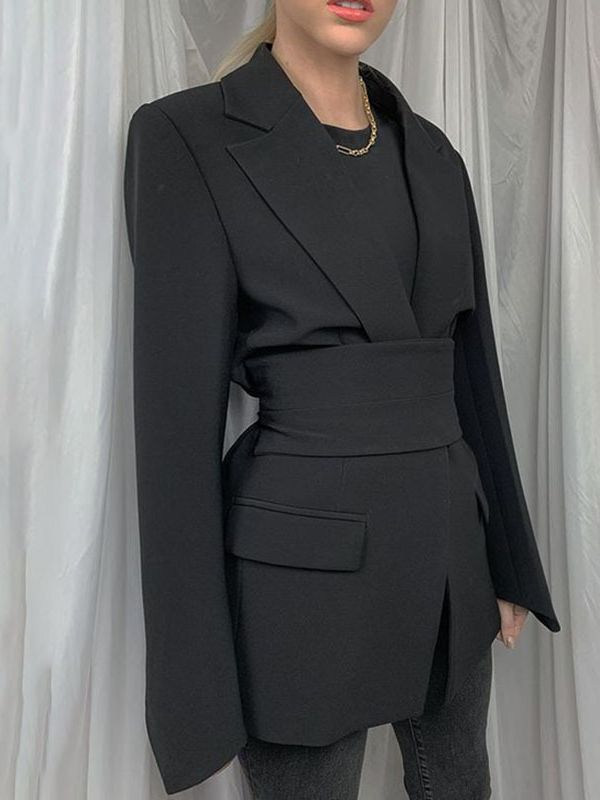 Women’s Tailored Blazer - Structured Fit - Integrated Wrap Belt - Bell Sleeve - Asymmetrical Hem