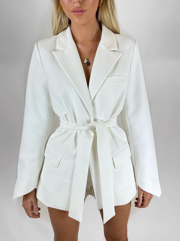 Women’s Tailored Blazer - Structured Fit - Integrated Wrap Belt - Bell Sleeve - Asymmetrical Hem