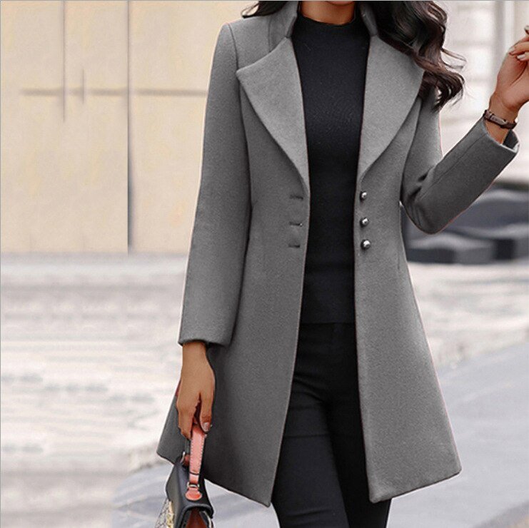 Women’s Tailored Coat – Slim Fit – Wool Blend – Notched Lapel – Mid Length Formal Style