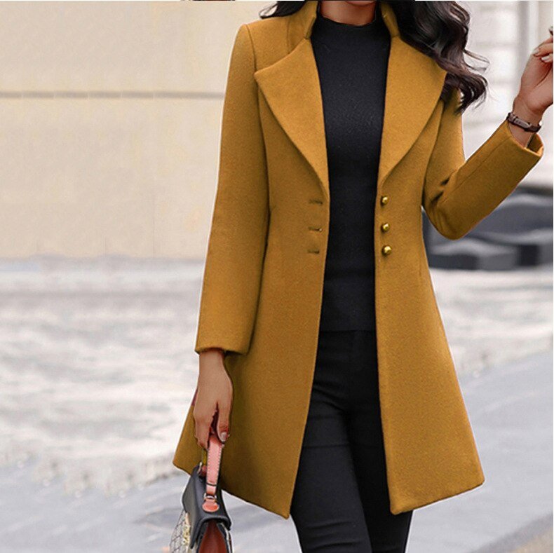Women’s Tailored Coat – Slim Fit – Wool Blend – Notched Lapel – Mid Length Formal Style