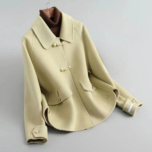 Women’s Tailored Coat – Wool Blend – Pearl Button Closure – Flared Hem – Half Length