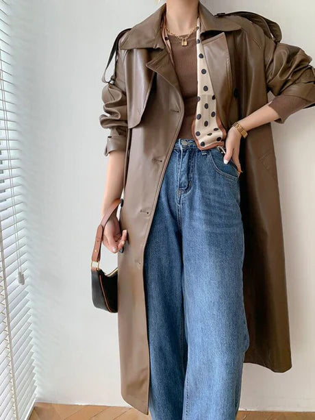 Women’s Trench Coat – Leather Look – Loose Fit – Double Breasted – Full Length